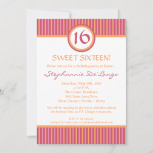 5x7 Pink and Orange Striped 16 Birthday Invitation