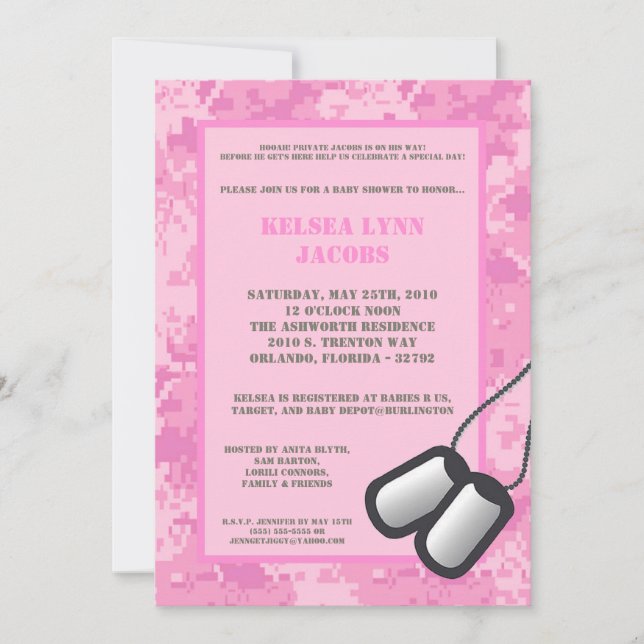 5x7 Pink ARMY Camo ACU Baby Shower Invitation (Front)
