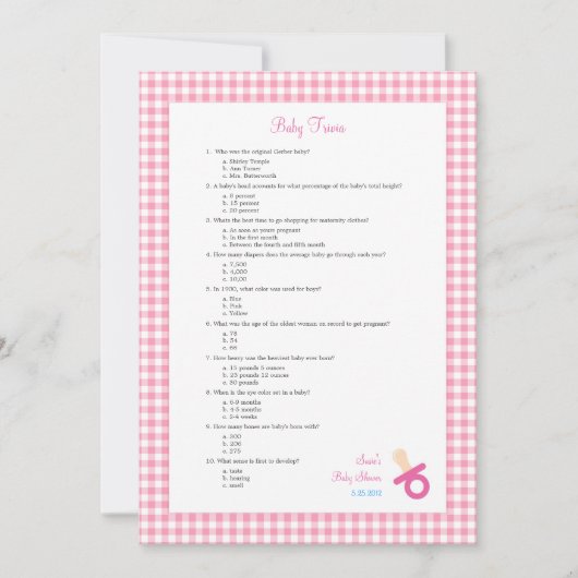 5x7 Pink Baby Trivia Shower Game (Front)