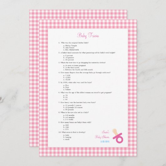 5x7 Pink Baby Trivia Shower Game (Front/Back)