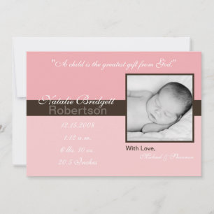 5x7 Pink Brown Band Strip Photo Birth Announcement