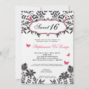 5x7 Pink Butterfly Sweet 16 Birthday Invitation
