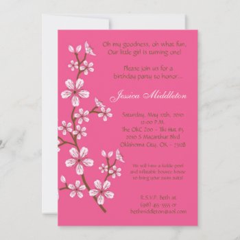5x7 Pink Cherry Blossom Birthday Party Invitation by thepapergenius at Zazzle