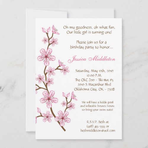 5x7 Pink Cherry Blossom Birthday Party Invitation