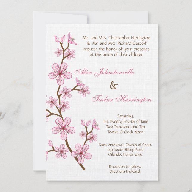 5x7 Pink Cherry Blossom Linen Wedding Invitation (Front)
