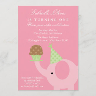 5x7 Pink Elephant Birthday Invitation