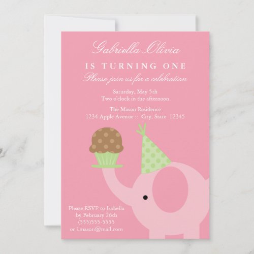 5x7 Pink Elephant Birthday Invitation