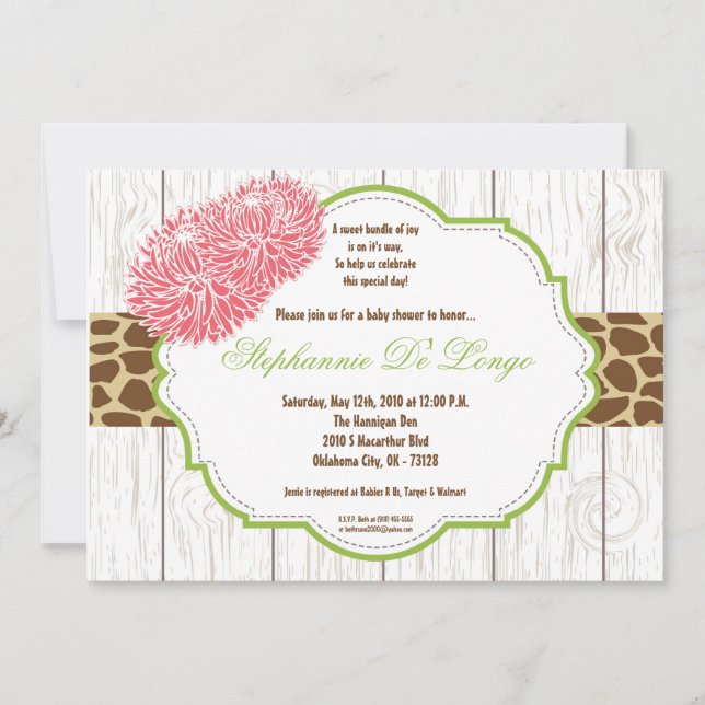5x7 Pink Flower Cheetah Baby Shower Invitation (Front)