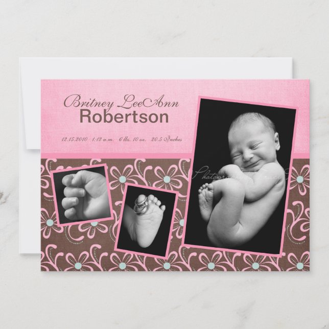 5x7 Pink Flower Floral Photo Birth Announcement (Front)
