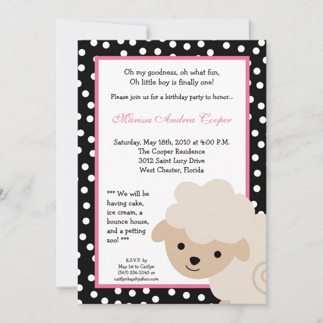 5x7 Pink Girl Farm Sheep Birthday Party Invitation (Front)