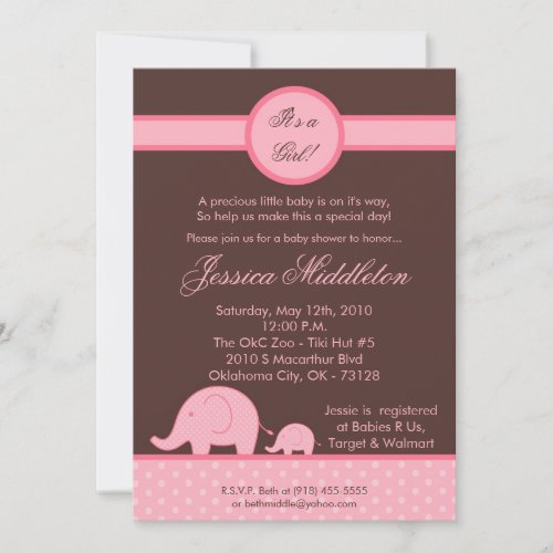 5x7 Pink Girly Mod Elephant Baby Shower Invitation