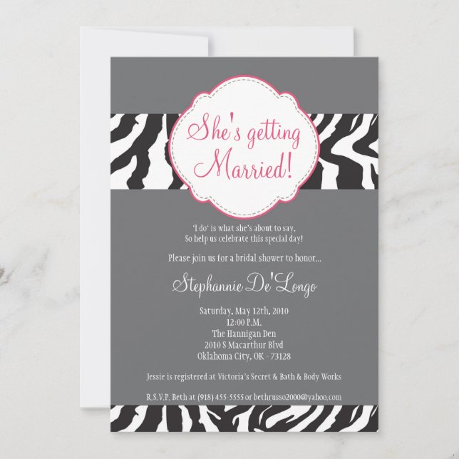 5x7 Pink Gray Zebra Stripe Brida Shower Invitation (Front)