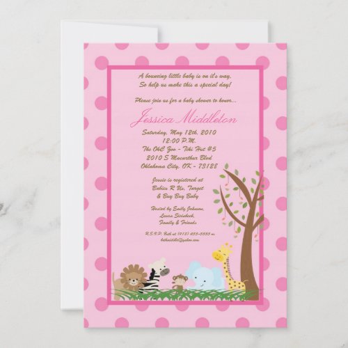 5x7 Pink Jungle Safari Zoo Baby Shower Invitation