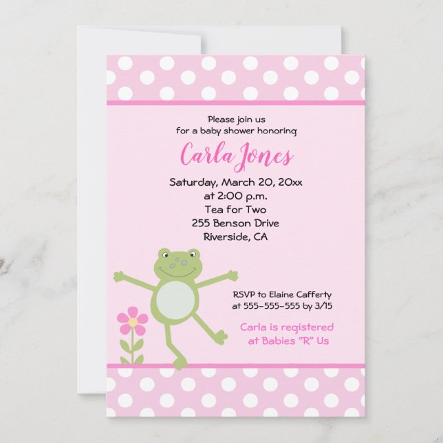 5x7 Pink Leap Frog Girl Baby Shower Invitation (Front)