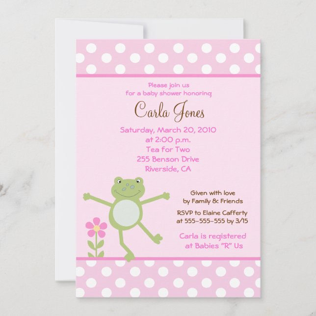5x7 Pink Leap Frog Girl Baby Shower Invitation (Front)