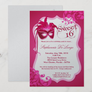 5x7 Pink Masquerade Mask 16 Birthday Invitation