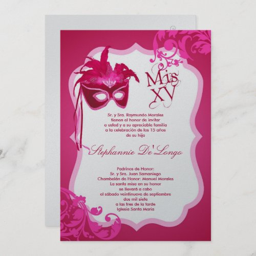 5x7 Pink Masquerade Mask Quinceanera Invitation