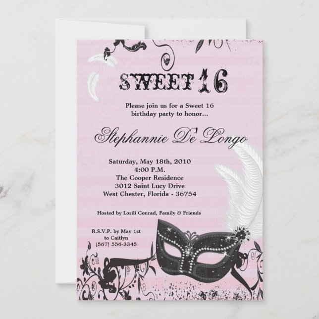 5x7 Pink Masquerade Sweet 16 Birthday Invitation (Front)
