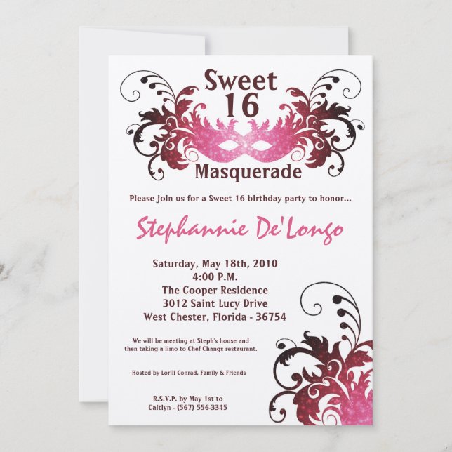 5x7 Pink Masquerade Sweet 16 Birthday Invitation (Front)