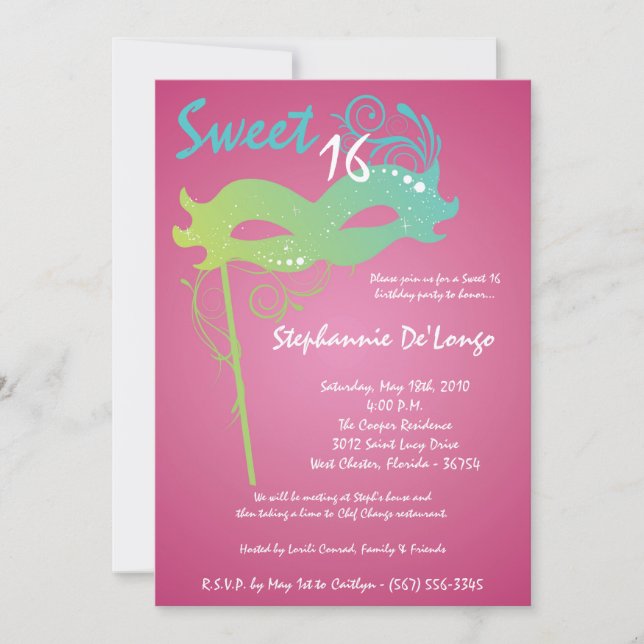 5x7 Pink Masquerade Sweet 16 Birthday Invitation (Front)