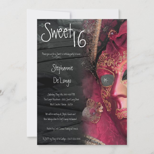 5x7 Pink Masquerade Sweet 16 Birthday Invitation (Front)