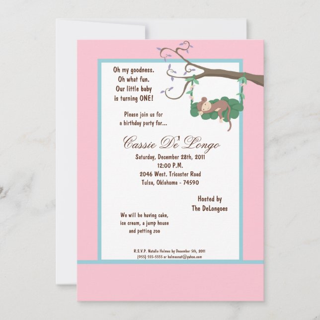 5x7 Pink Monkey Birthday Party Invite (Front)