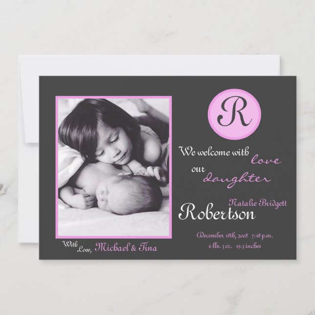 5x7 Pink Monogram Initial Photo Birth Announcement (Front)
