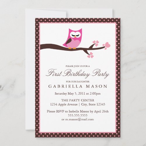 5x7 Pink Owl Birthday Party Invite