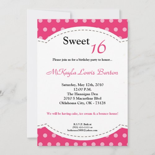 5x7 Pink Polkadot Sweet 16 Birthday Invitation