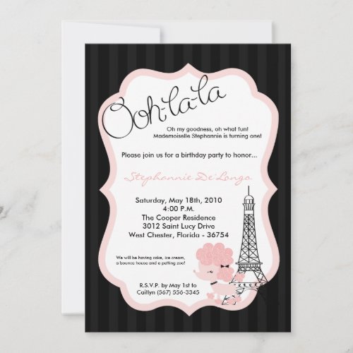 5x7 Pink Poodle in Paris Birthday Party Invitation