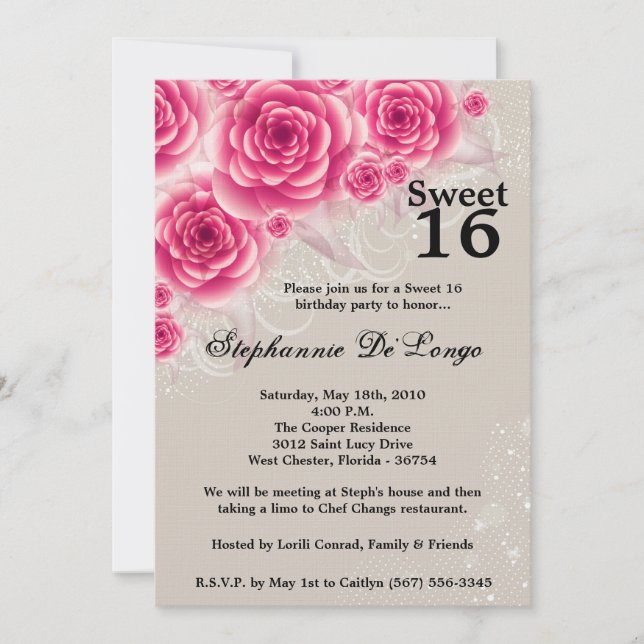 5x7 Pink Roses Floral Sweet 16 Birthday Invitation (Front)