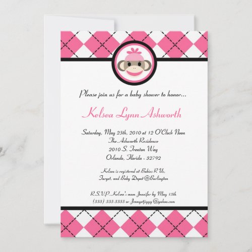 5x7 Pink Sock Monkey Toy Baby Shower Invitation