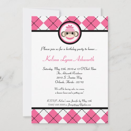 5x7 Pink Sock Monkey Toy Birthhday Part Invitation