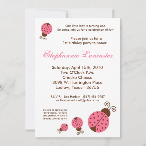 5x7 Pink Spring Lady Bug Birthday Party Invitation