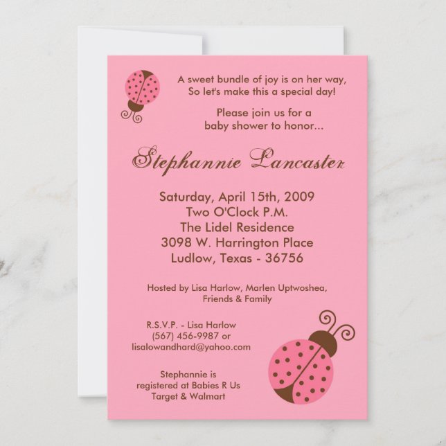 5x7 Pink Spring Lady Bugs Baby Shower Invitation (Front)