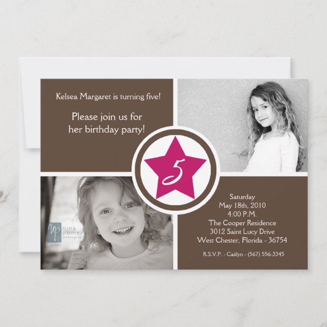 5x7 Pink Star Box Photo Birthday Party Invitation (Front)