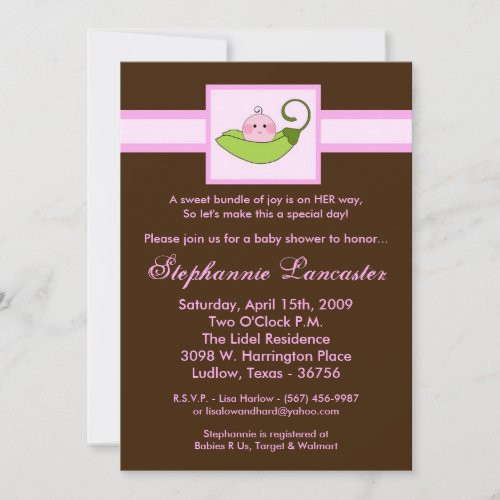 5x7 Pink Sweet Pea in Pod Baby Shower Invitation