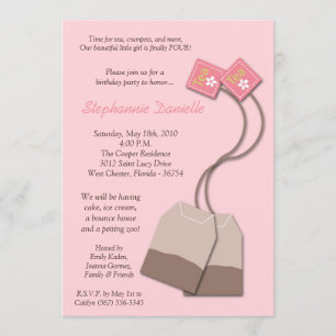 5x7 Pink Tea Bag Tea Party Birthday Invitation