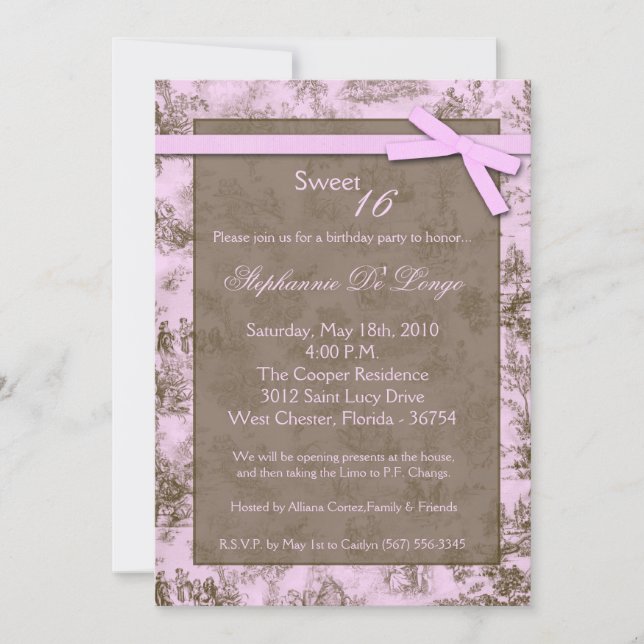 5x7 Pink ToileFabric Sweet 16 Birthday Invitation (Front)