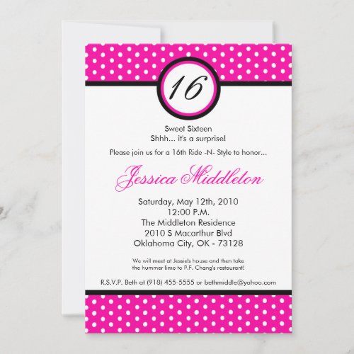 5x7 Pink White Polka Dot 16th Birthday Invitation