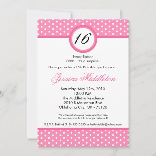 5x7 Pink White Polka Dot 16th Birthday Invitation