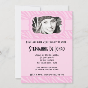 5x7 Pink Zebra PHOTO Sweet 16 Birthday Invitation