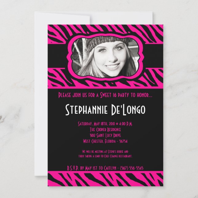 5x7 Pink Zebra PHOTO Sweet 16 Birthday Invitation (Front)