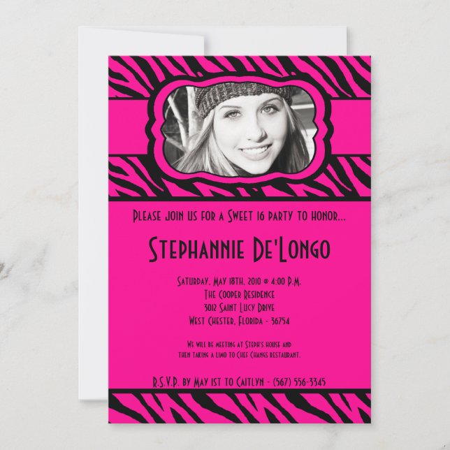 5x7 Pink Zebra PHOTO Sweet 16 Birthday Invitation (Front)