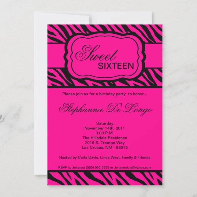 5x7 Pink Zebra Print Birthday Party Invitation (Front)