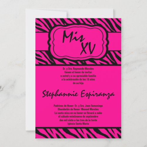 5x7 Pink Zebra Print Quinceanera 15 Invitation