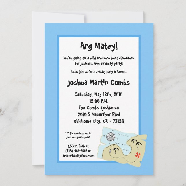 5x7 Pirate Treasure Hunt Birthday Party Invitation (Front)