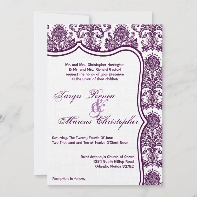 5x7 Plum Purple Damask Lace Wedding Invitation (Front)