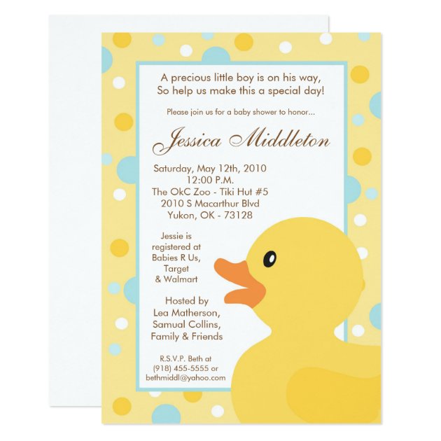 5x7 Polka Dot Rubber Ducky Baby Shower Invitation