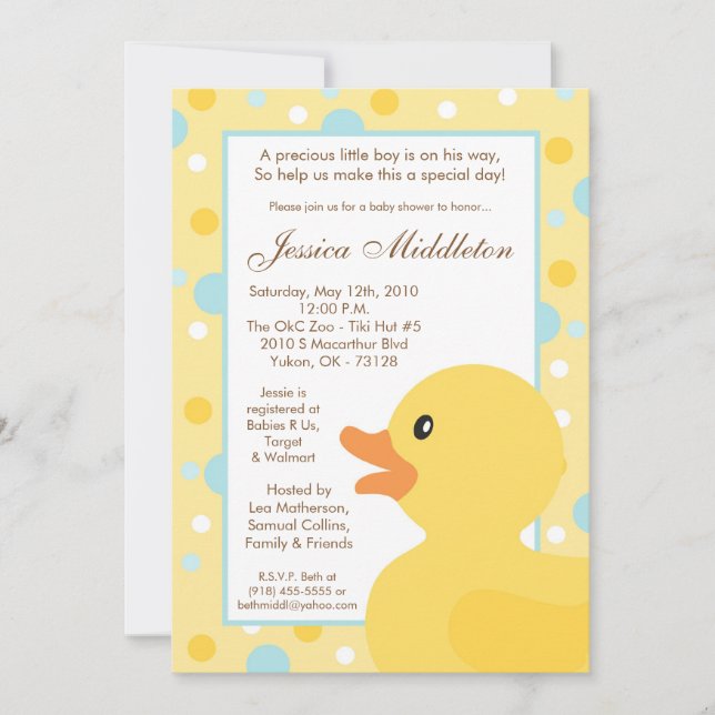 5x7 Polka Dot Rubber Ducky Baby Shower Invitation (Front)